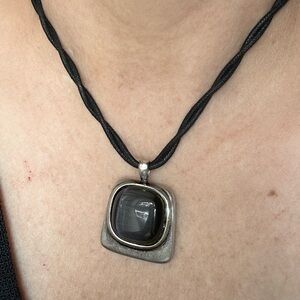 Modernist Silver Tone Pendant Statement Necklace | Black Cat’s Eye Stone Y2K